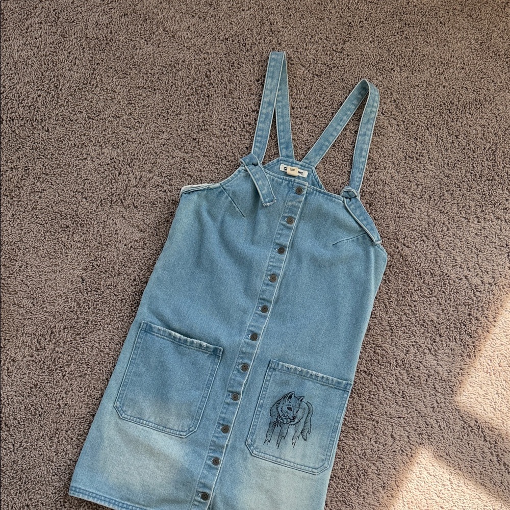 Billabong Light Blue Denim Pinafore Dress with Embroidered Pocket